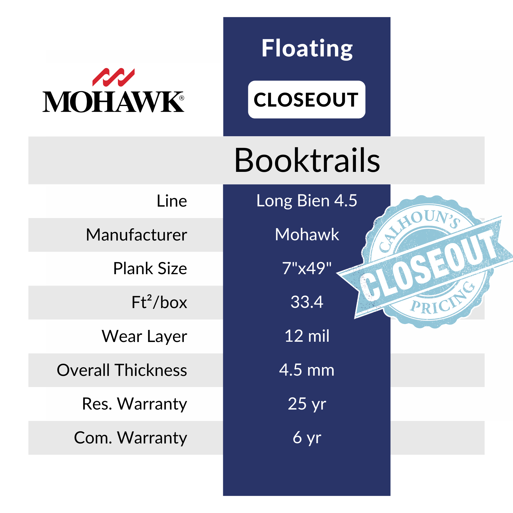 Booktrails Luxury Vinyl Flooring by Mohawk sold ay Calhoun's, Springfield, IL Specs closeout