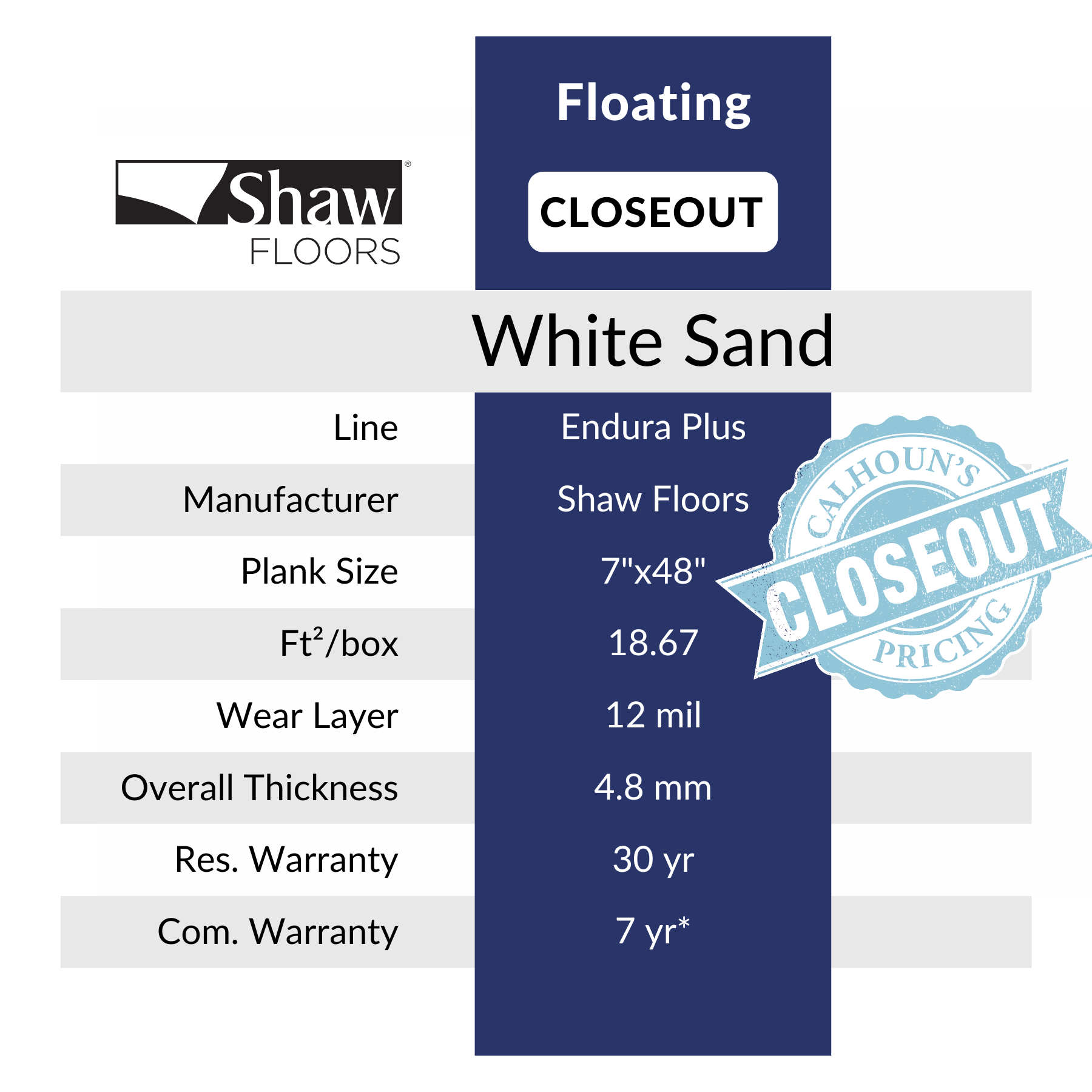 White Sand by Shaw sold at Calhoun's Flooring, Springfield, IL LVP specs 12 mil