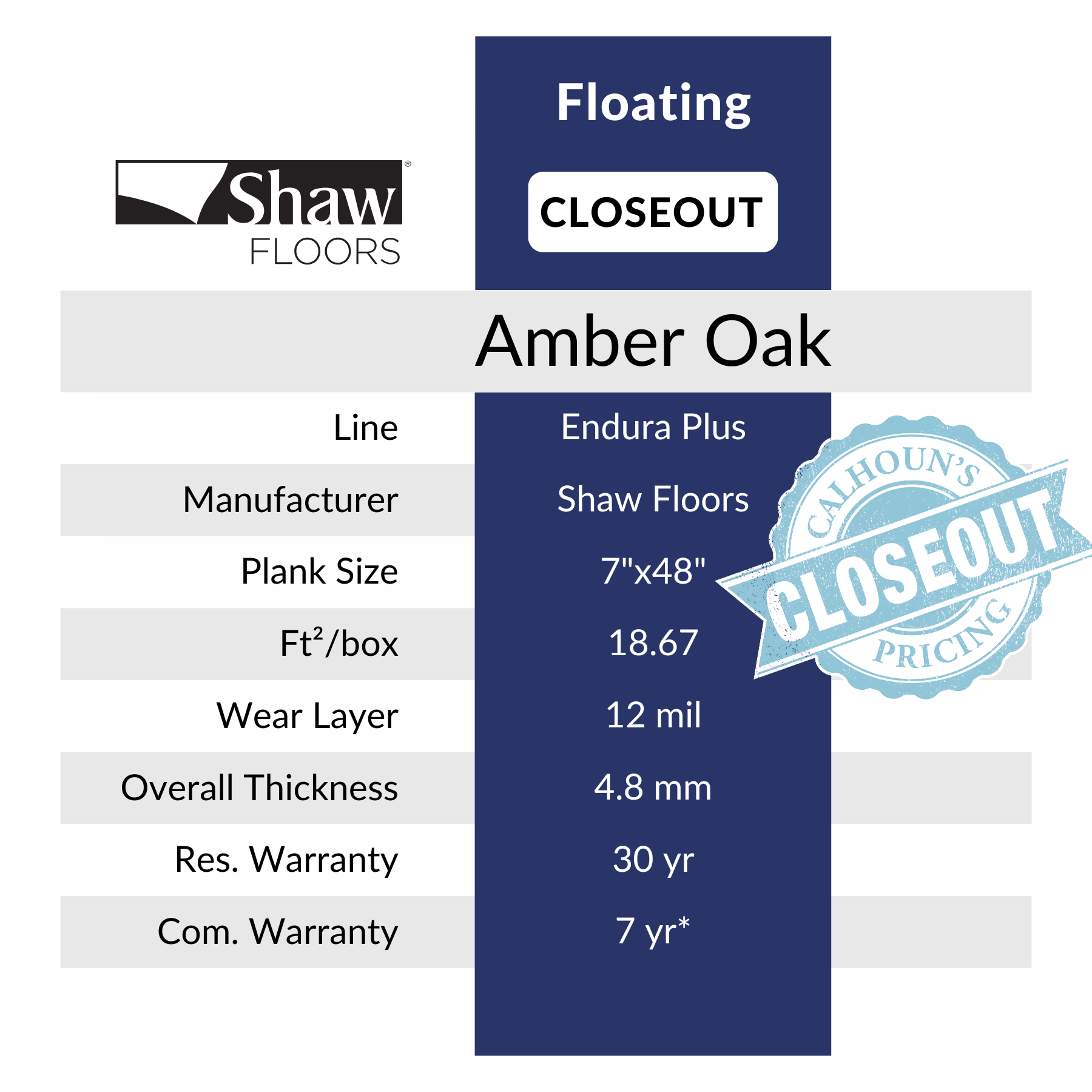 Amber Oak Luxury Vinyl Flooring by Shaw sold at Calhoun's, Springfield, IL Specs