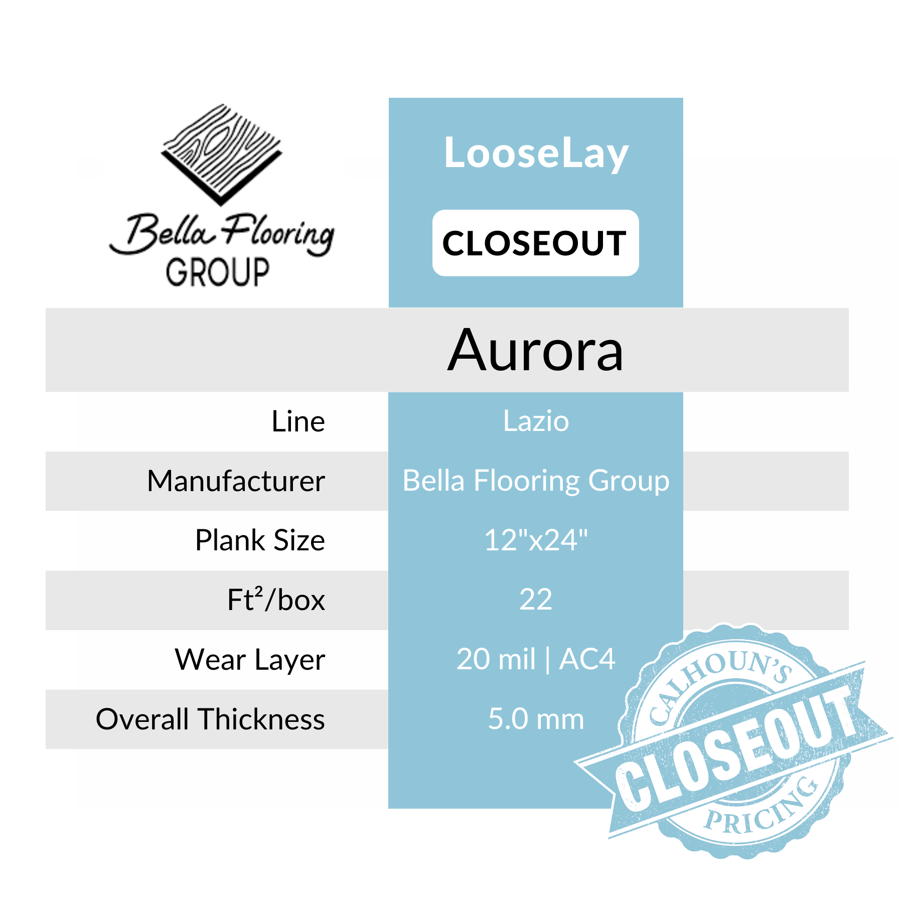 Aurora by Bella Flooring Group Clearance Flooring from Calhoun's Springfield closeout specs