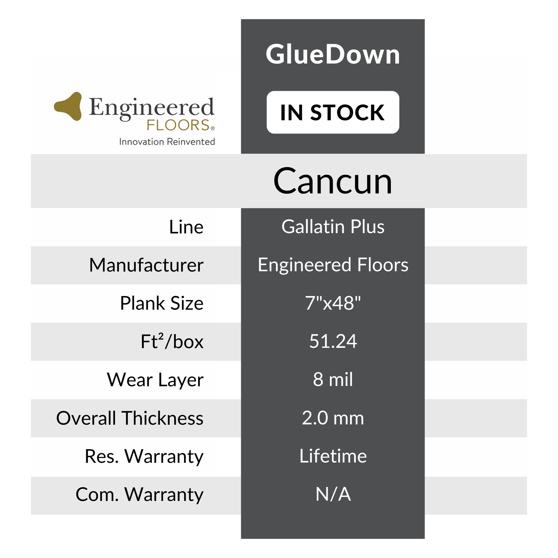 Cancun, Gallatin Plus by Engineered Floors sold at Calhoun's Flooring Springfield IL Specs