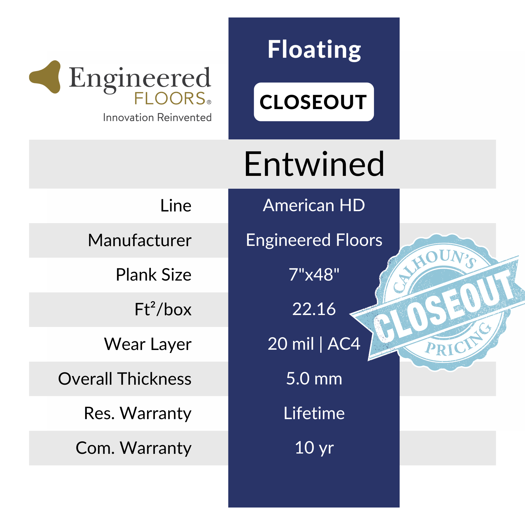 Entwined HD by Engineered Floors, Luxury Vinyl Flooring from Calhoun's Springfield, IL Specs