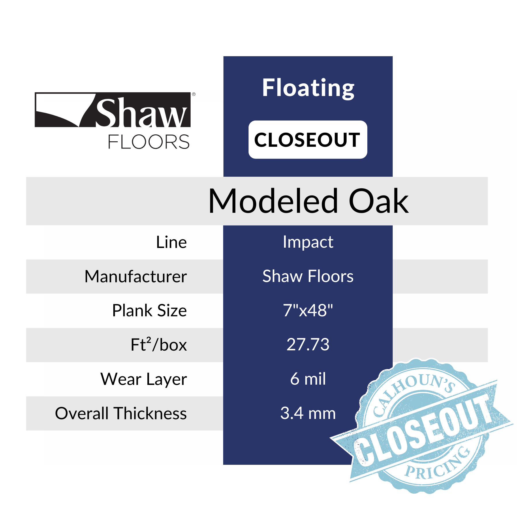 closeout Modeled Oak by Shaw, Clearance at Calhoun's in Springfield, IL Specs