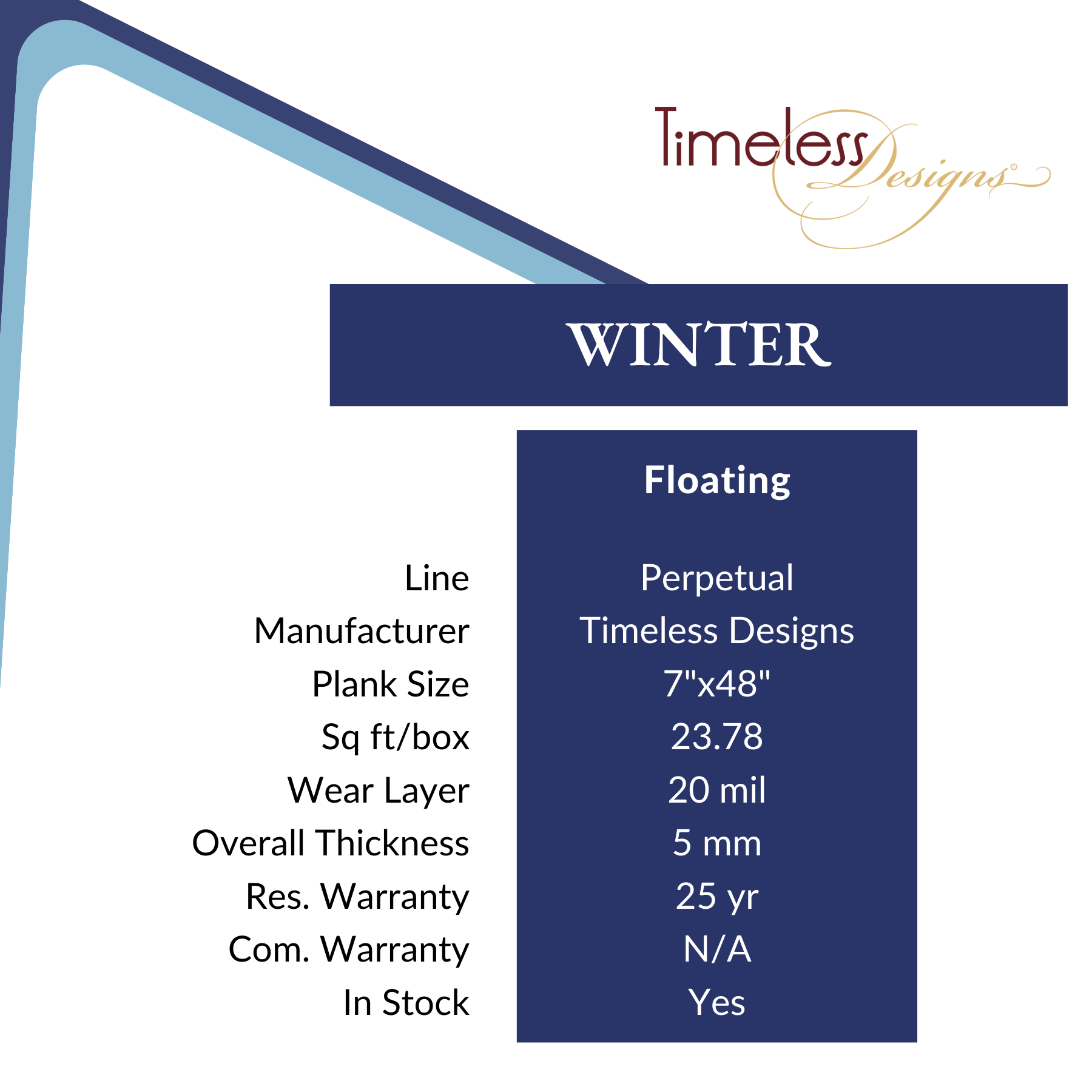 Winter by Timeless Designs, LVT Flooring from Calhoun's Specs 20 mil wear layer